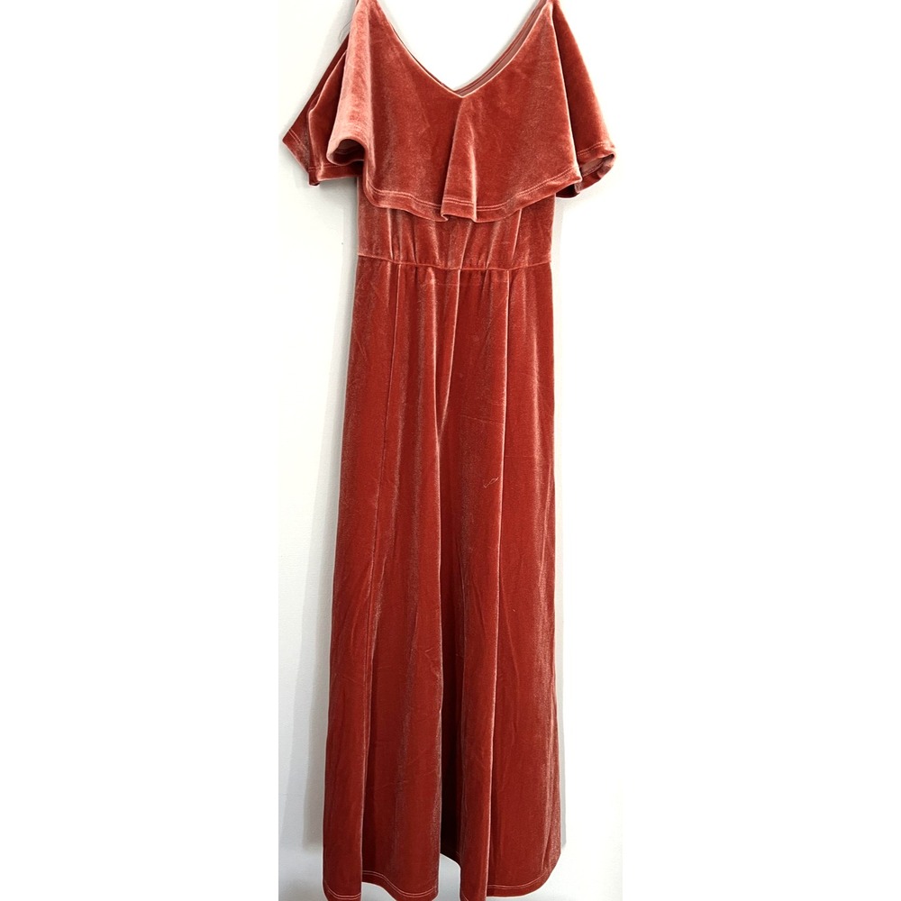 June & Hudson Dress Womens XS Rust Velvet Off Shoulder Maxi Flounce Boho Style